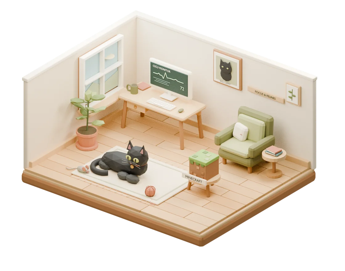 Oppy, a black cat with green eyes and a red collar, lounging with yarn and a toy mouse in a cozy room with a monitor, plant, and green armchair.